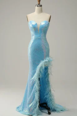Blue Mermaid Sparkly Prom Dress with Feather