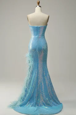 Blue Mermaid Sparkly Prom Dress with Feather