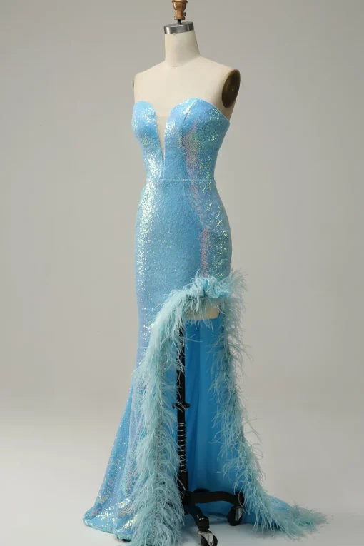 Blue Mermaid Sparkly Prom Dress with Feather