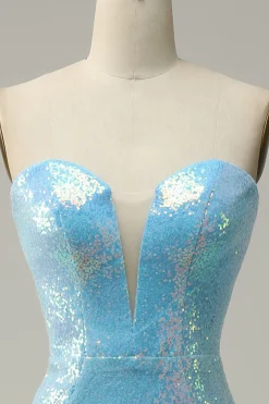 Blue Mermaid Sparkly Prom Dress with Feather