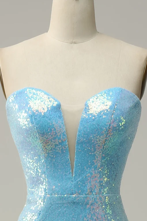 Blue Mermaid Sparkly Prom Dress with Feather