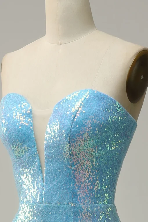 Blue Mermaid Sparkly Prom Dress with Feather