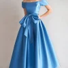 Blue Off the Shoulder A-Line Satin Tea Length Mother Of The Bride Dress with Bow