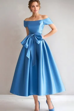 Blue Off the Shoulder A-Line Satin Tea Length Mother Of The Bride Dress with Bow
