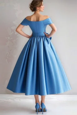 Blue Off the Shoulder A-Line Satin Tea Length Mother Of The Bride Dress with Bow