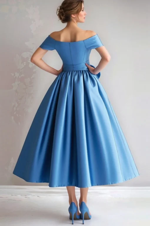 Blue Off the Shoulder A-Line Satin Tea Length Mother Of The Bride Dress with Bow