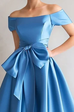 Blue Off the Shoulder A-Line Satin Tea Length Mother Of The Bride Dress with Bow