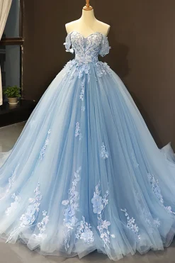 Blue Off the Shoulder Tulle Quinceanera Dresses with Appliques