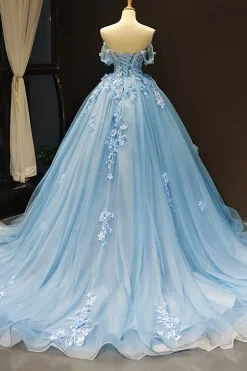 Blue Off the Shoulder Tulle Quinceanera Dresses with Appliques