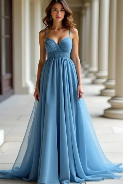 Blue Organza Spaghetti Straps A Line Ruched Prom Dress