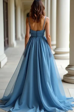 Blue Organza Spaghetti Straps A Line Ruched Prom Dress