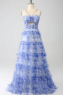 Blue Printed A Line Tiered Hollow-out Long Prom Dress