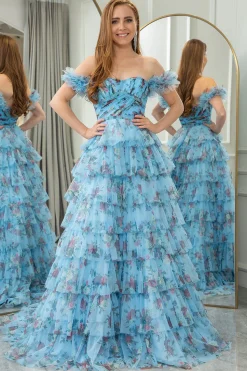 Blue Printed A-line Convertible Off the Shoulder Long Tiered Prom Dress