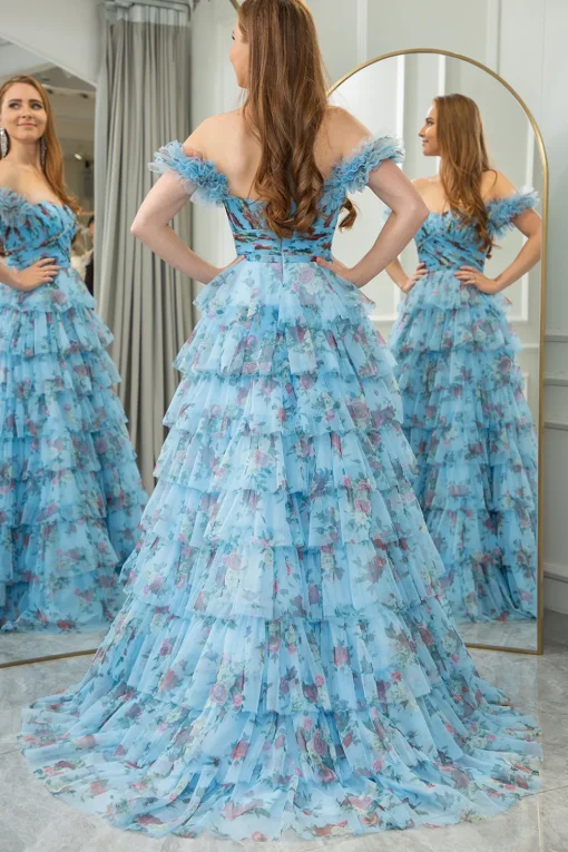 Blue Printed A-line Convertible Off the Shoulder Long Tiered Prom Dress