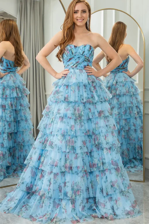 Blue Printed A-line Convertible Off the Shoulder Long Tiered Prom Dress