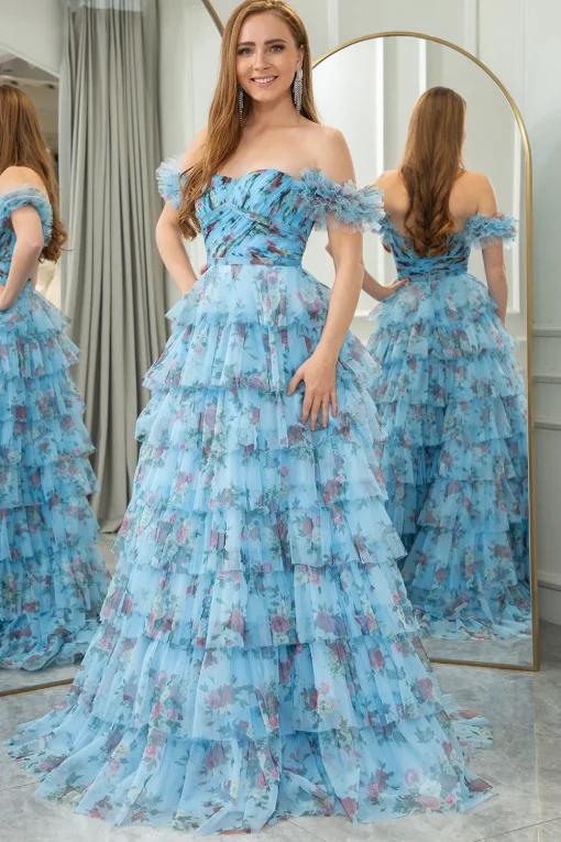 Blue Printed A-line Convertible Off the Shoulder Long Tiered Prom Dress