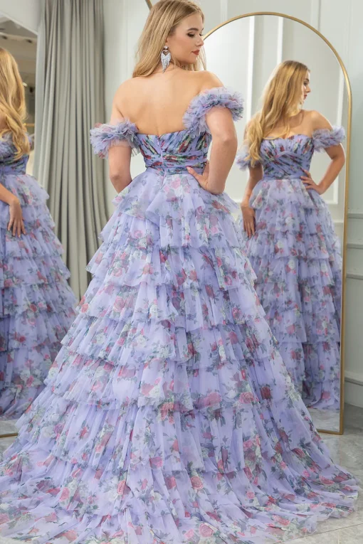 Blue Printed A-line Convertible Off the Shoulder Long Tiered Prom Dress