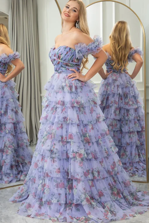 Blue Printed A-line Convertible Off the Shoulder Long Tiered Prom Dress