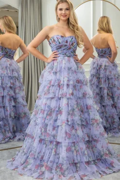 Blue Printed A-line Convertible Off the Shoulder Long Tiered Prom Dress