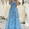 Blue Printed A-line Off The Shoulder Prom Dress