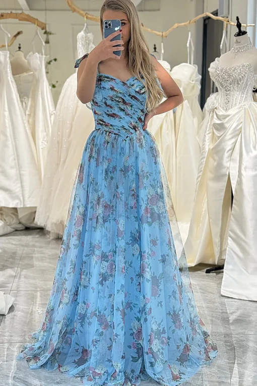 Blue Printed A-line Off The Shoulder Prom Dress