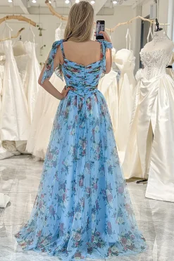 Blue Printed A-line Off The Shoulder Prom Dress