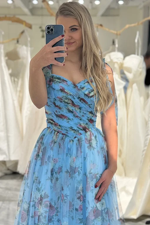 Blue Printed A-line Off The Shoulder Prom Dress