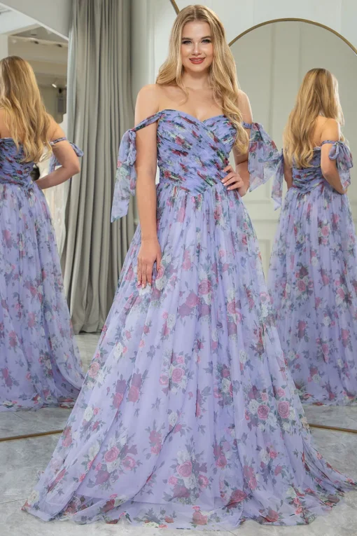 Blue Printed A-line Off The Shoulder Prom Dress