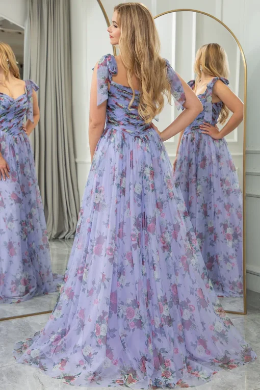 Blue Printed A-line Off The Shoulder Prom Dress