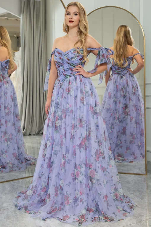 Blue Printed A-line Off The Shoulder Prom Dress