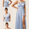 Blue Satin Convertible Bridesmaid Dress with Slit