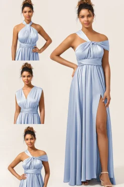 Blue Satin Convertible Bridesmaid Dress with Slit