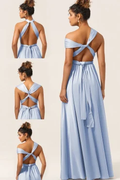 Blue Satin Convertible Bridesmaid Dress with Slit