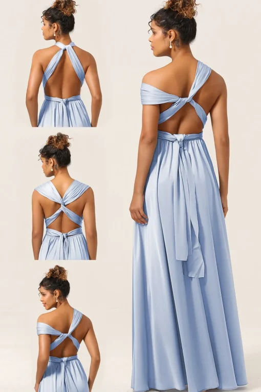Blue Satin Convertible Bridesmaid Dress with Slit
