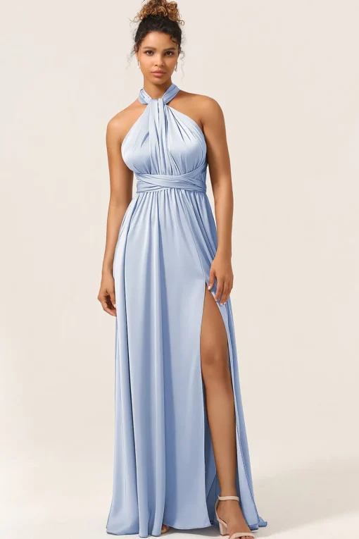 Blue Satin Convertible Bridesmaid Dress with Slit