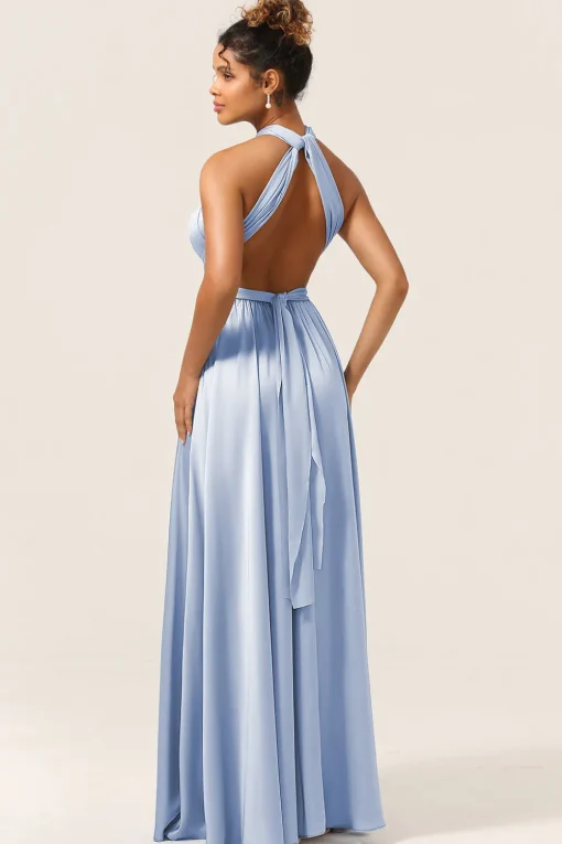 Blue Satin Convertible Bridesmaid Dress with Slit