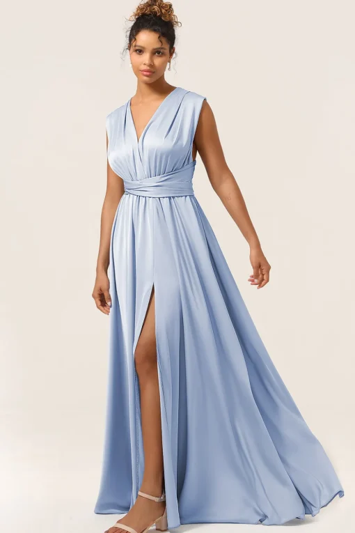 Blue Satin Convertible Bridesmaid Dress with Slit