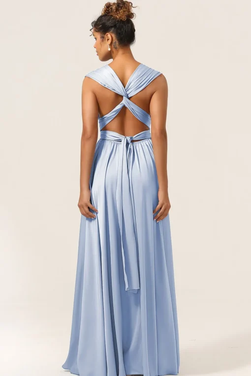 Blue Satin Convertible Bridesmaid Dress with Slit