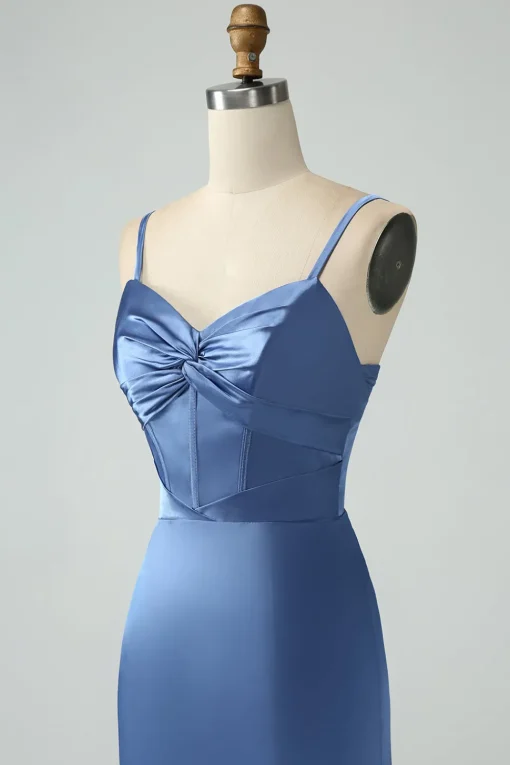 Blue Satin Spaghetti Straps Long Prom Dress with Slit