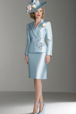 Blue Satin V-Neck Long Sleeves 2 pieces Mother Of The Bride Dress