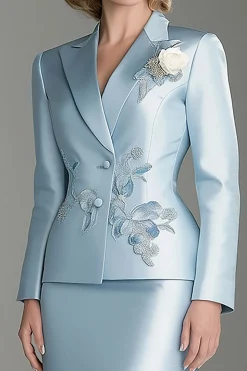 Blue Satin V-Neck Long Sleeves 2 pieces Mother Of The Bride Dress