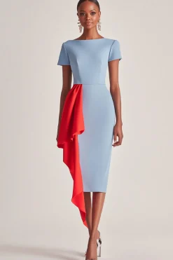 Blue Short Sleeves Sheath Satin Tea Length Mother of the Bride Dress