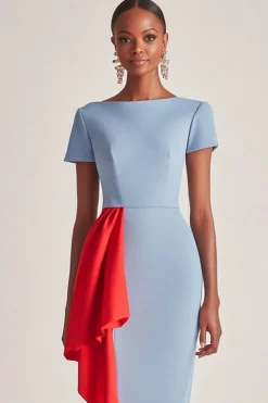 Blue Short Sleeves Sheath Satin Tea Length Mother of the Bride Dress