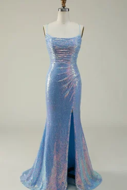 Blue Spaghetti Straps Glitter Mermaid Prom Dress with Slit