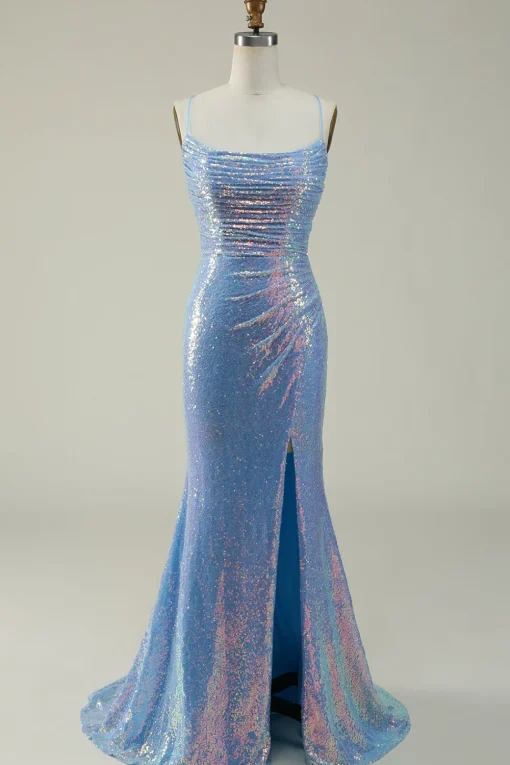 Blue Spaghetti Straps Glitter Mermaid Prom Dress with Slit