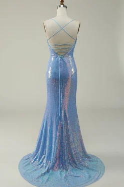 Blue Spaghetti Straps Glitter Mermaid Prom Dress with Slit