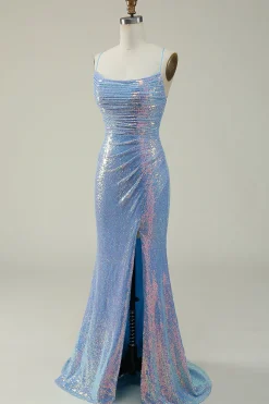 Blue Spaghetti Straps Glitter Mermaid Prom Dress with Slit