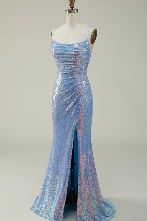 Blue Spaghetti Straps Glitter Mermaid Prom Dress with Slit