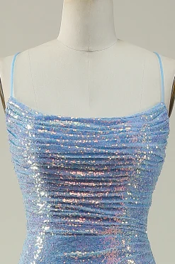 Blue Spaghetti Straps Glitter Mermaid Prom Dress with Slit