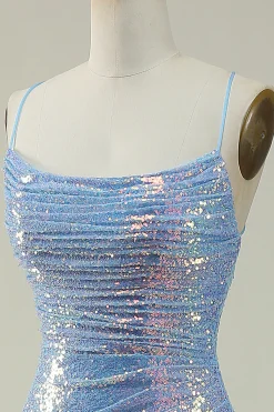 Blue Spaghetti Straps Glitter Mermaid Prom Dress with Slit